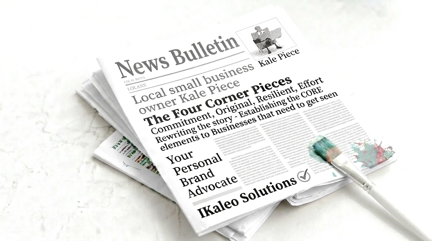 Mock newspaper front page reading ‘The Four Corner Pieces: Commitment, Original, Resilient, Effort’ — iKaleo Solutions’ core values