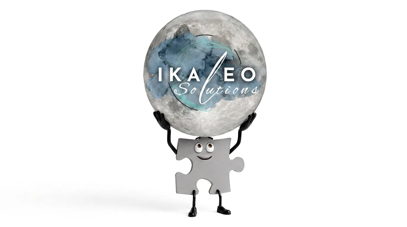 The Kale puzzle-piece mascot holding up the iKaleo Solutions moon logo